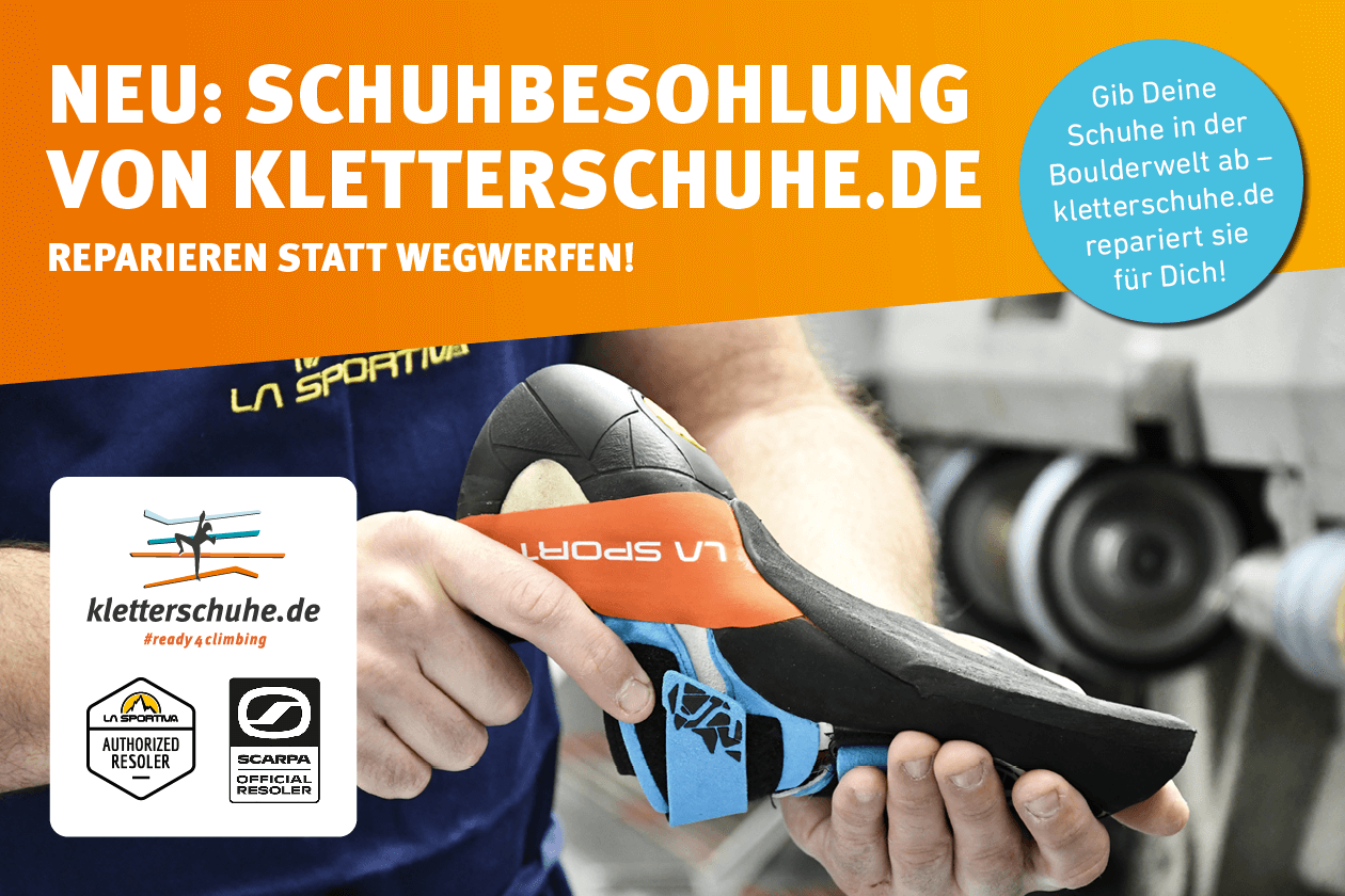 Gib Deine Kletterschuhe zur Reparatur und Neubesohlung bei kletterschuhe.de in der Boulderwelt ab