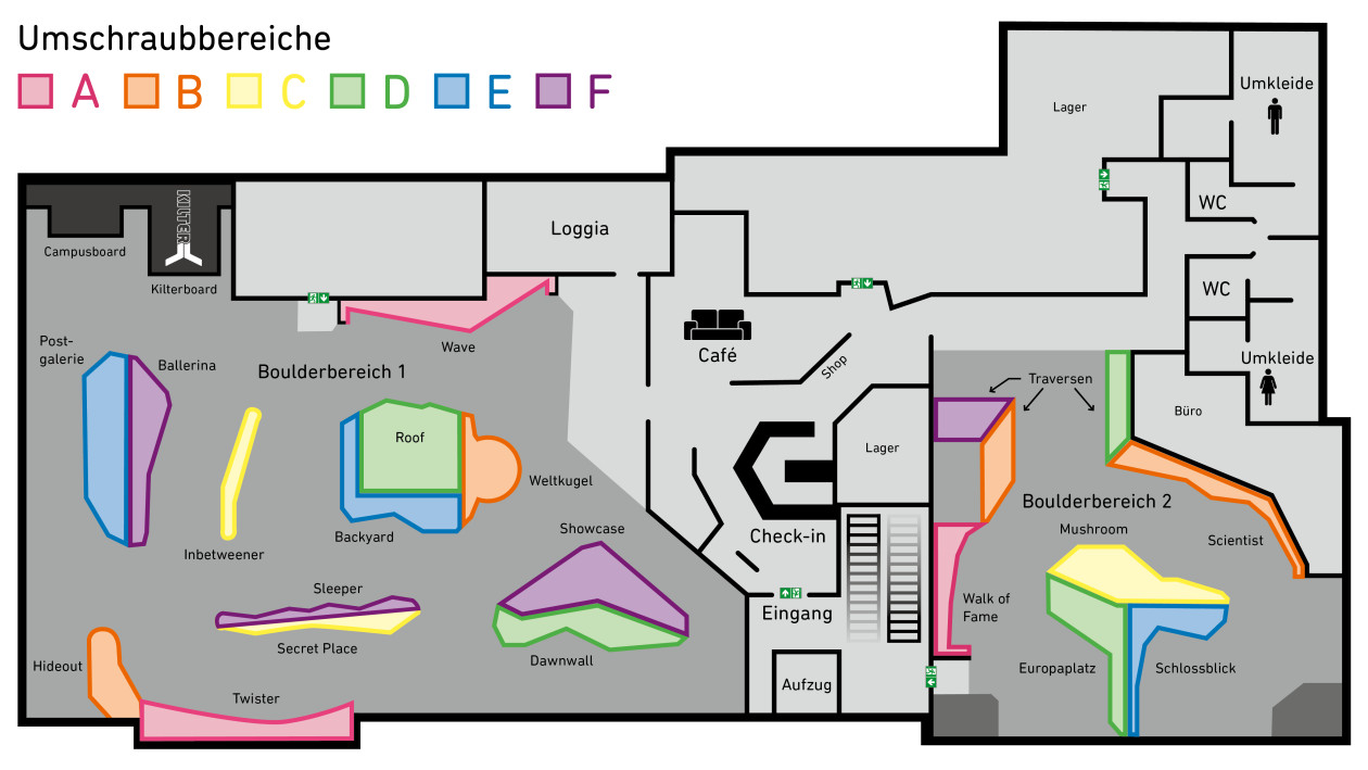 Hallenplan Aufteilung Boulderwelt Karlsruhe Boulderhalle Europaplatz 